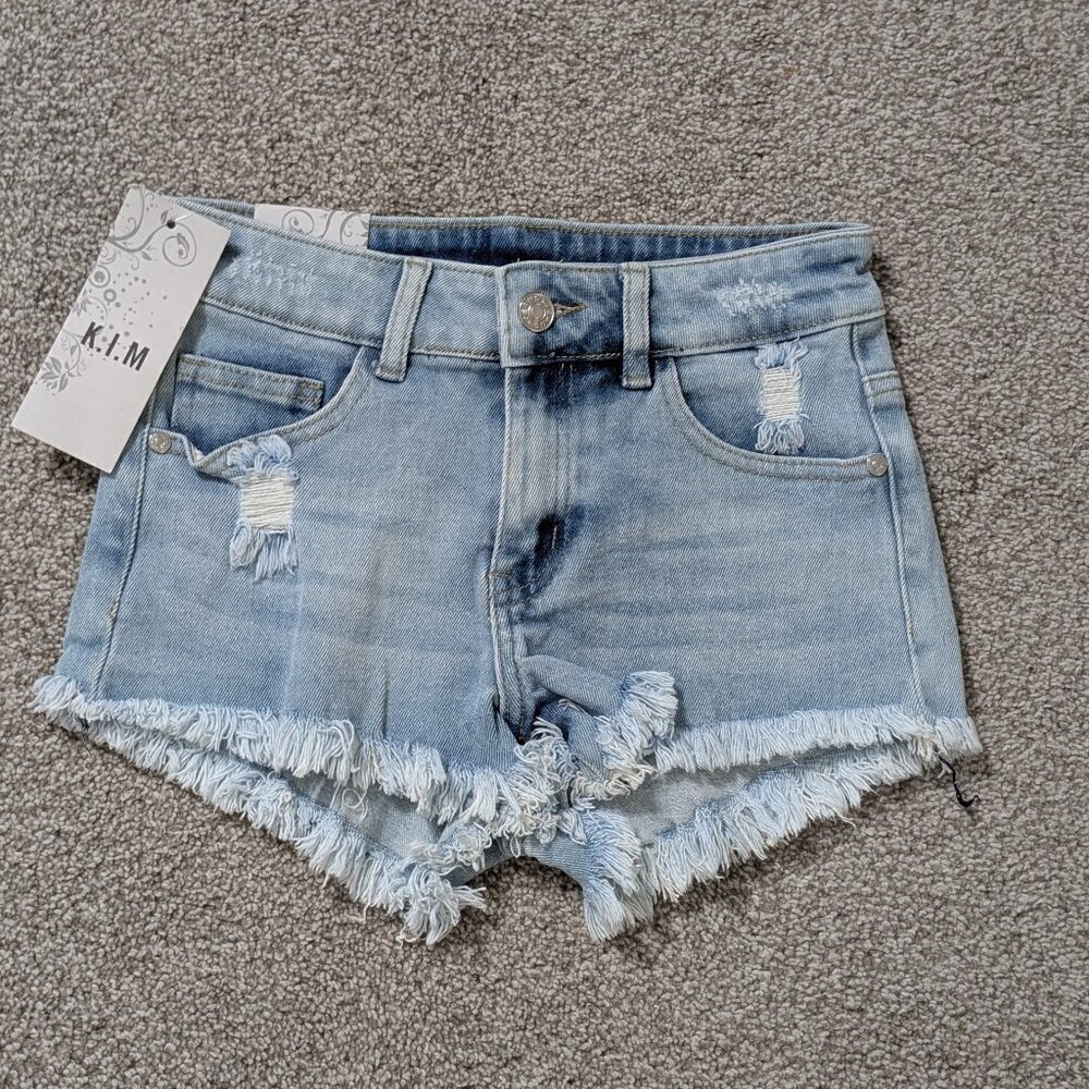 K.I.M Blue Denim Distressed Cut-Off, 2 Inch, Low Rise Shorts; Size S
